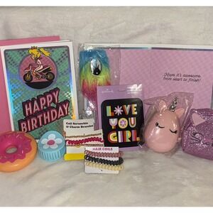 Girls Happy Birthday Pink Gift Box Set. With birthday card and7 cute accessories